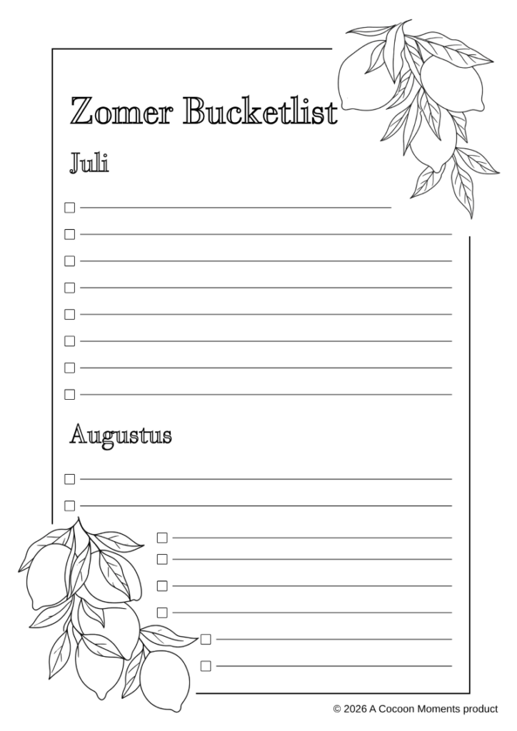Zomer bucketlist printable – Cocoon Moments self‑care download